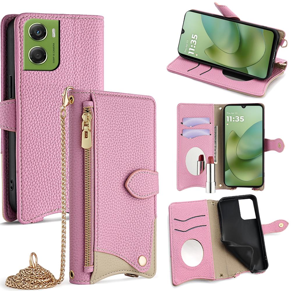 For Motorola Moto G06 4G Crossbody Chain Fishtail Litchi Leather Phone Case(Pink)