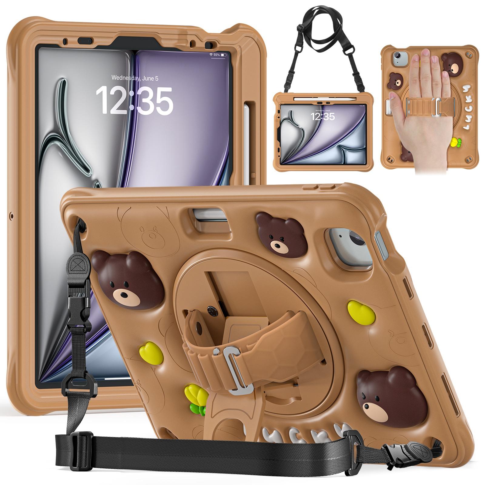 For iPad Air 11 2025 / 2024 / Pro 11 2022 Bear Rotation Kickstand Silicone Hybrid PC Tablet Case(Brown) - Shopkiz.com