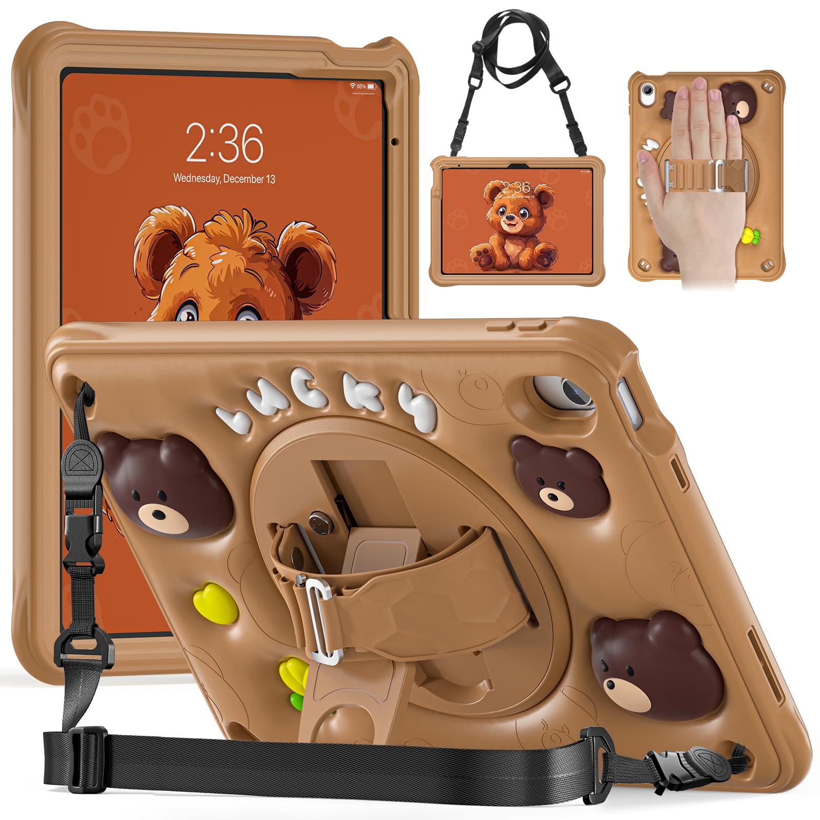 For iPad 2025 / 2022 Bear Rotation Kickstand Silicone Hybrid PC Tablet Case(Brown) - Shopkiz.com