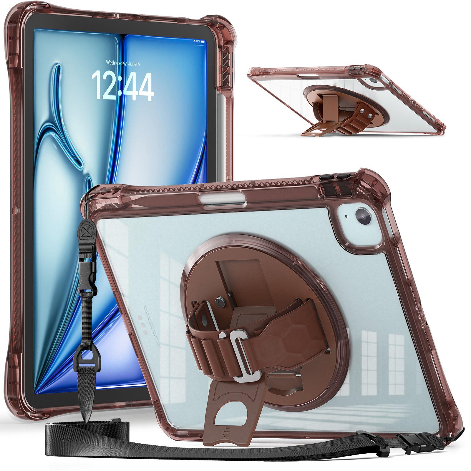 For iPad Air 13 2026 / 2025 / 2024 Rotation Grip Holder TPU Hybrid Clear PC Tablet Case(Chocolate) - Shopkiz.com