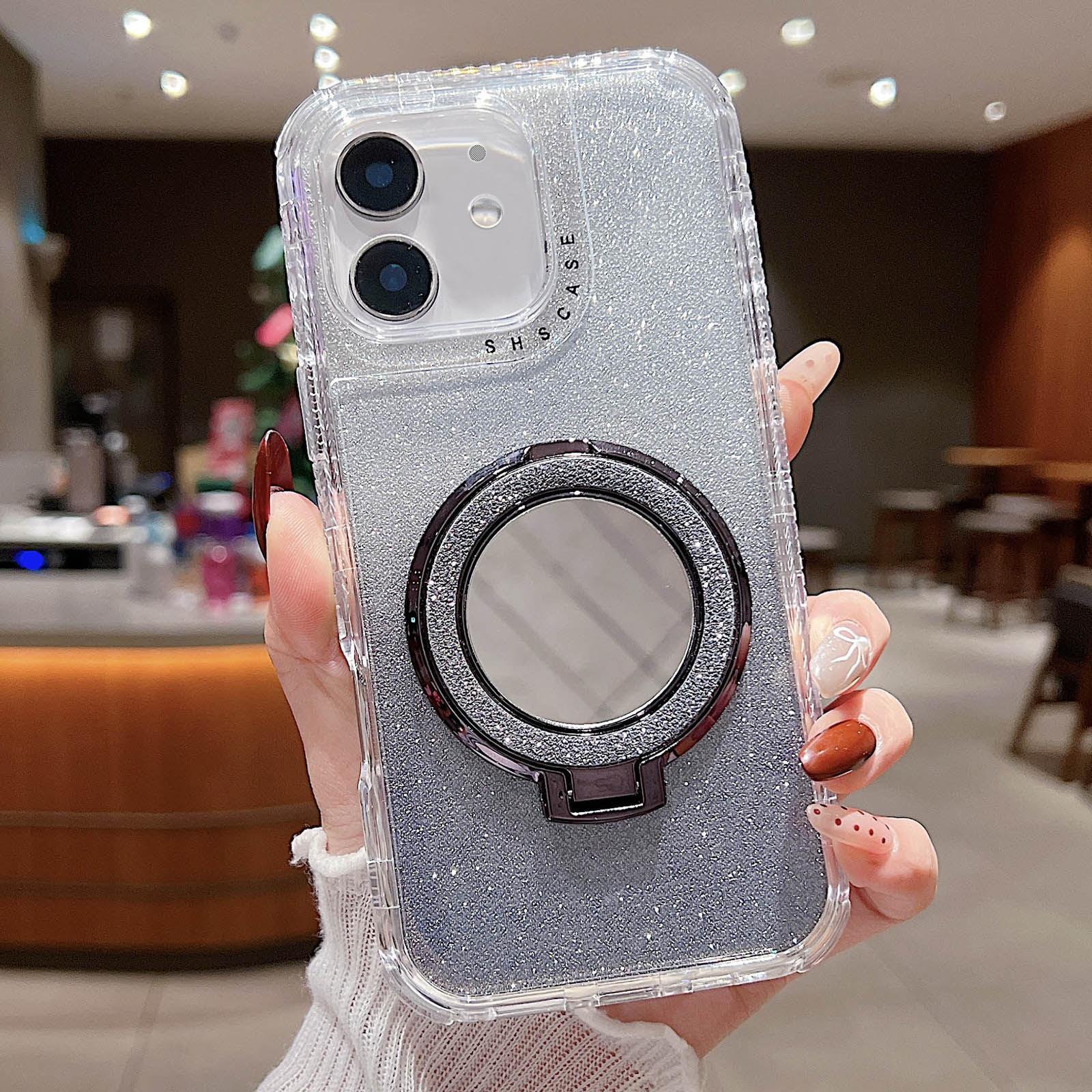 For iPhone 12 Mirror Holder Glitterr MagSafe Phone Case(Black) - Shopkiz.com