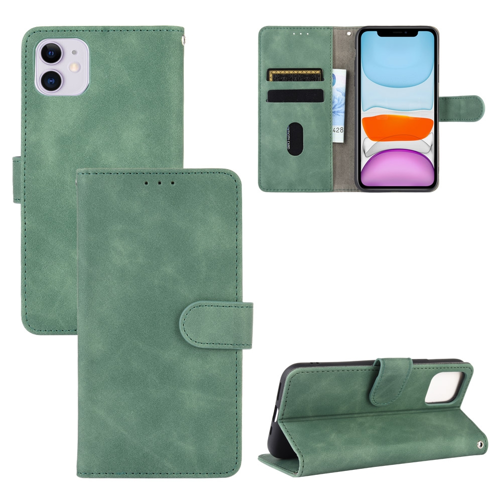 For iPhone 12 / 12 Pro Solid Color Skin Feel Magnetic Buckle Horizontal Flip Calf Texture PU Leather Case with Holder & Card Slots & Wallet(Green) -