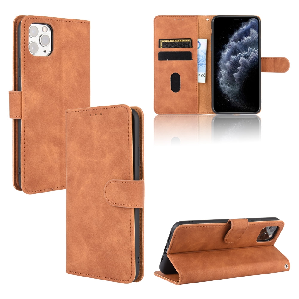 For iPhone 11 Pro Max Solid Color Skin Feel Magnetic Buckle Horizontal Flip Calf Texture PU Leather Case with Holder & Card Slots & Wallet(Brown) -