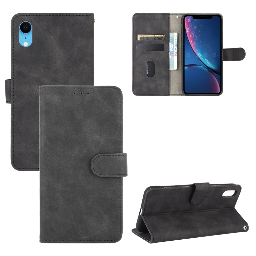 For iPhone XR Solid Color Skin Feel Magnetic Buckle Horizontal Flip Calf Texture PU Leather Case with Holder & Card Slots & Wallet(Black) -