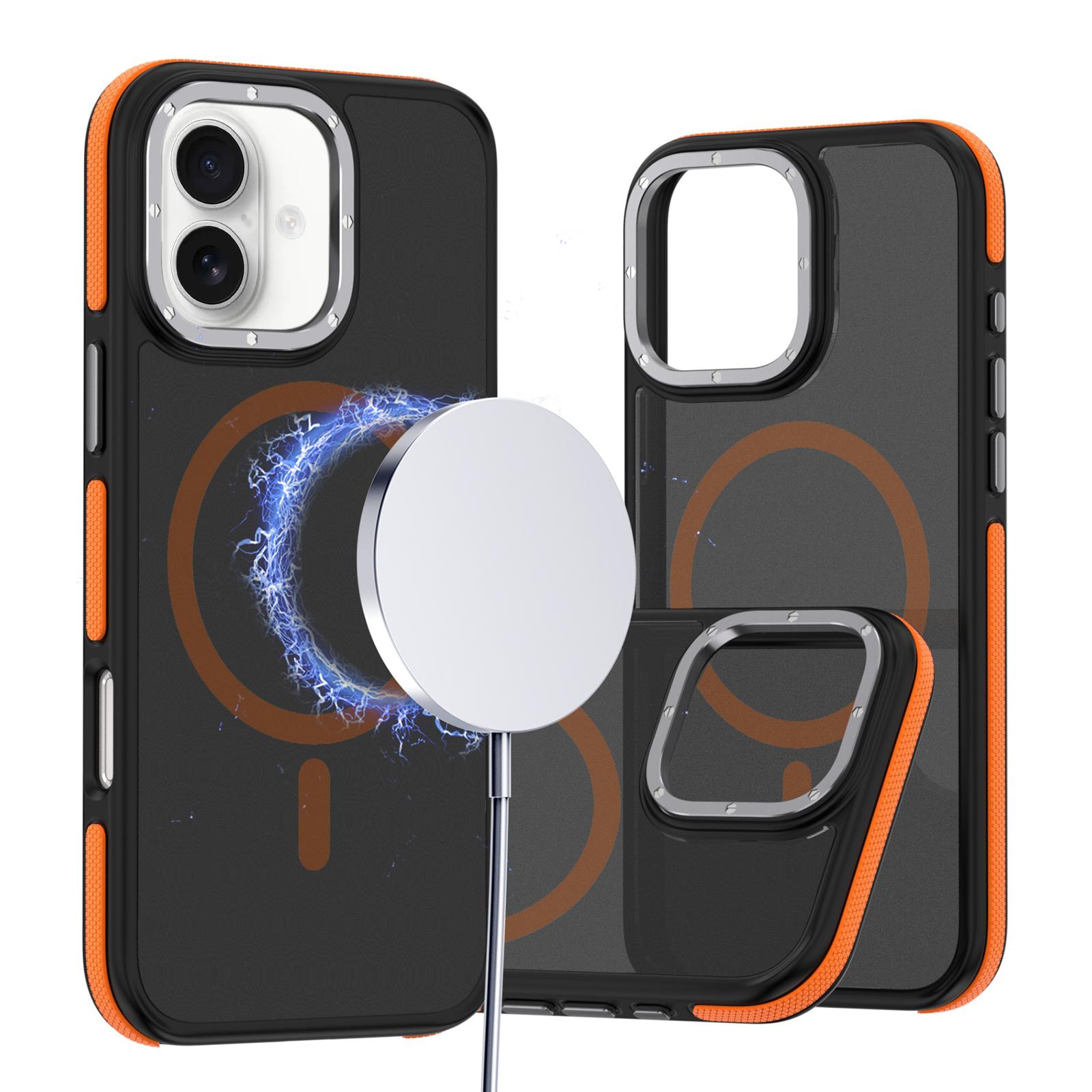 For iPhone 16 Dual-Color Skin Feel MagSafe Phone Case(Black Orange) - Shopkiz.com