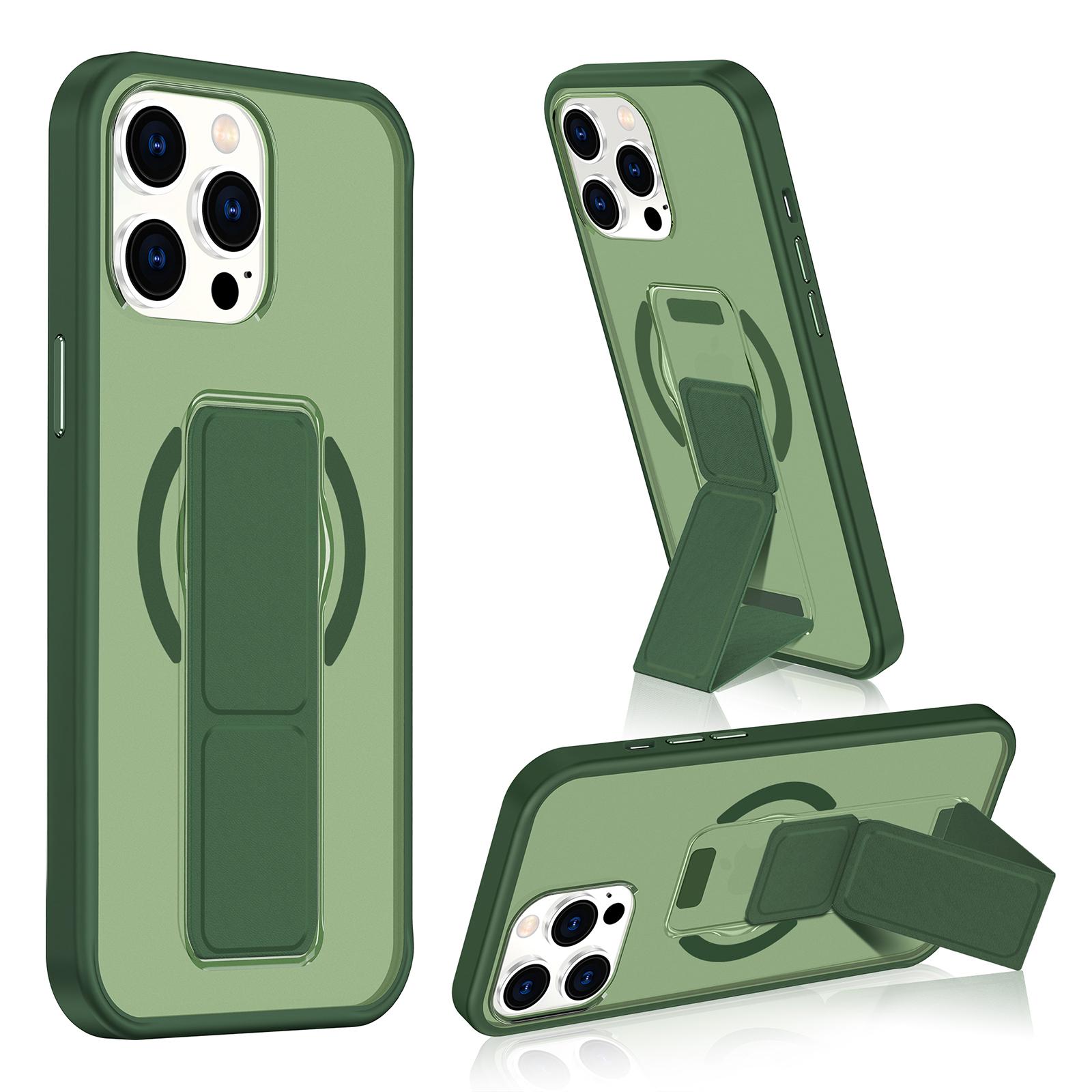 For iPhone 13 Pro Matte Skin Feel Wristband Holder MagSafe Phone Case(Dark Green) - Shopkiz.com