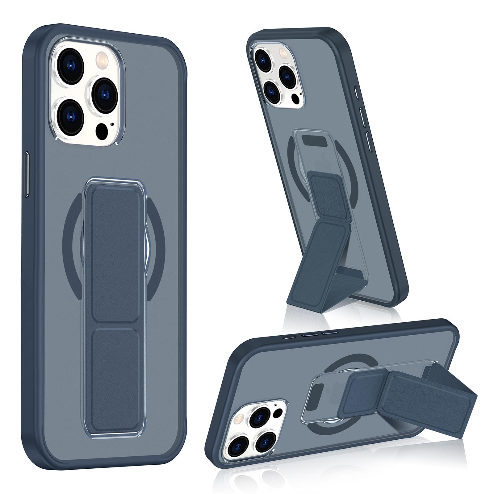 For iPhone 14 Pro Max Matte Skin Feel Wristband Holder MagSafe Phone Case(Dark Blue) - Shopkiz.com