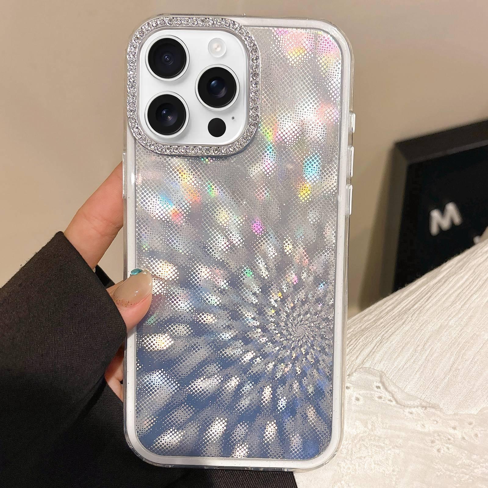 For iPhone 15 Pro Max Diamond Lens Frame Glare PC Hybrid TPU Phone Case(Silver) - Shopkiz.com