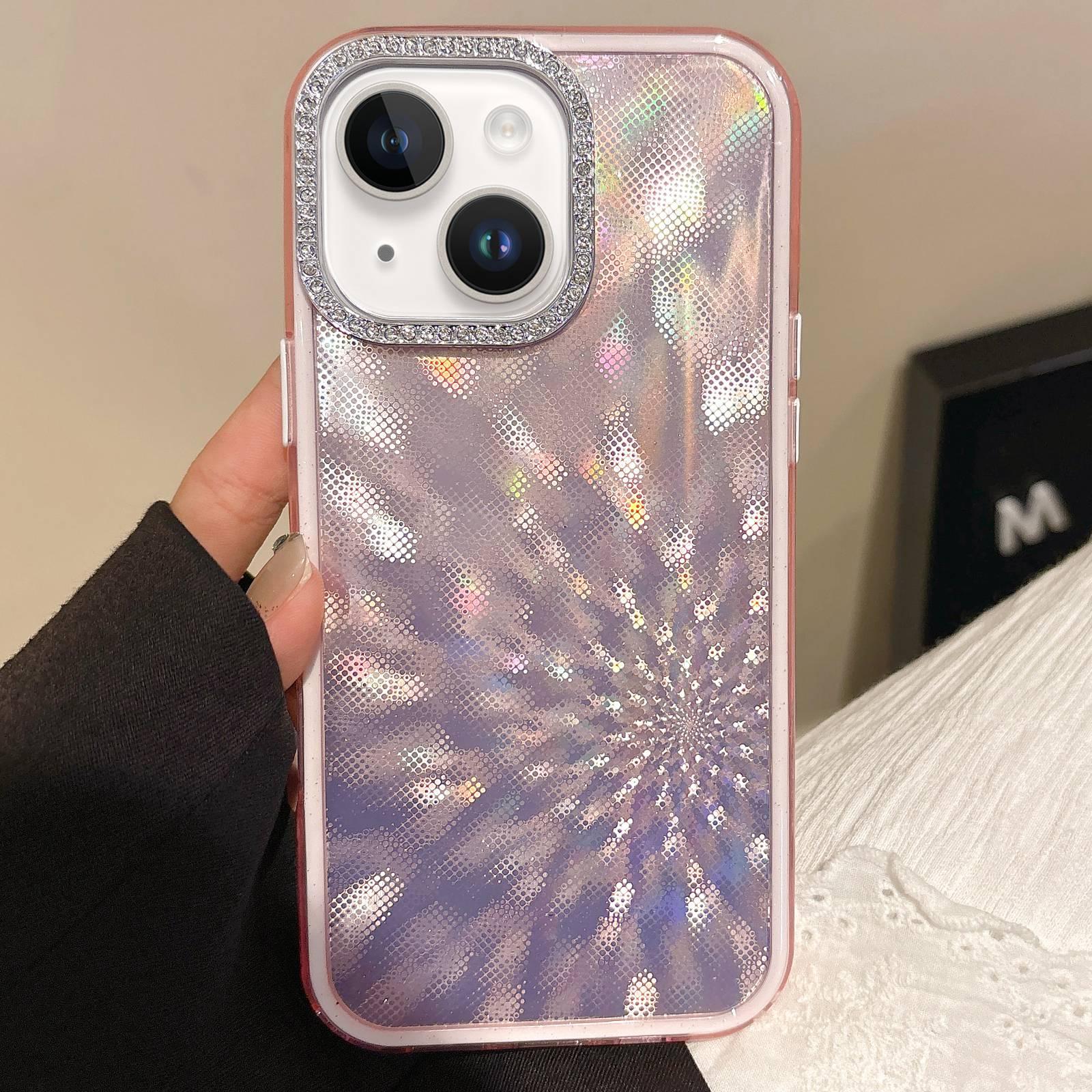 For iPhone 15 Plus Diamond Lens Frame Glare PC Hybrid TPU Phone Case(Pink) - Shopkiz.com