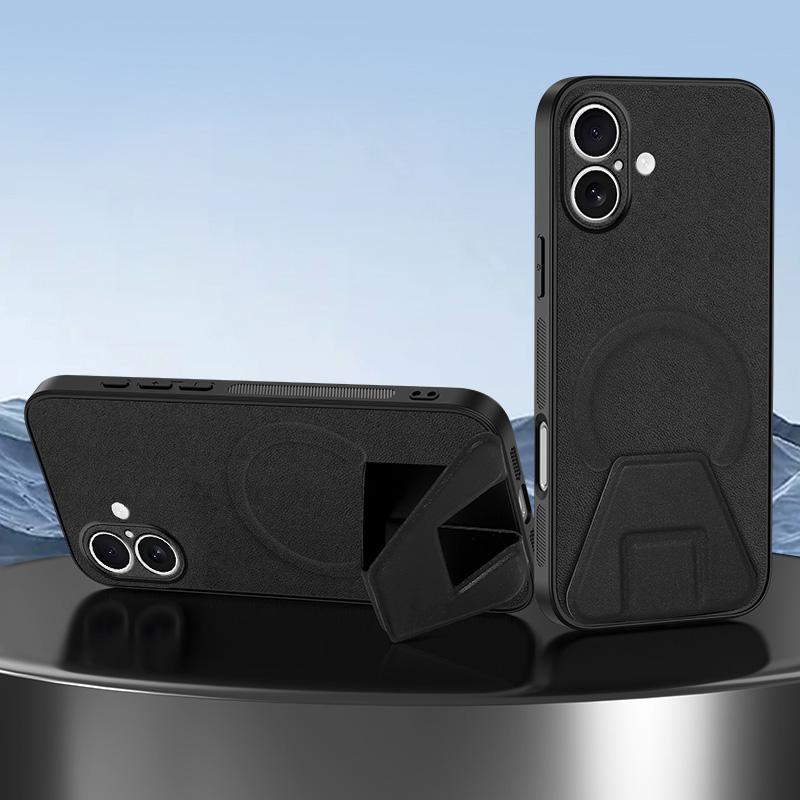 For iPhone 16 Sheepskin Texture MagSafe Magnetic Invisible Holder Integrated Phone Case(Black) - Shopkiz.com
