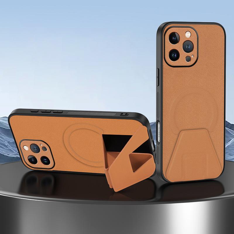 For iPhone 14 Pro Sheepskin Texture MagSafe Magnetic Invisible Holder Integrated Phone Case(Brown) - Shopkiz.com