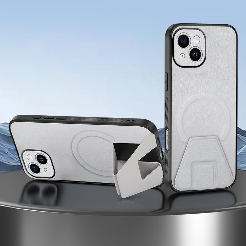 For iPhone 14 Sheepskin Texture MagSafe Magnetic Invisible Holder Integrated Phone Case(White) - Shopkiz.com