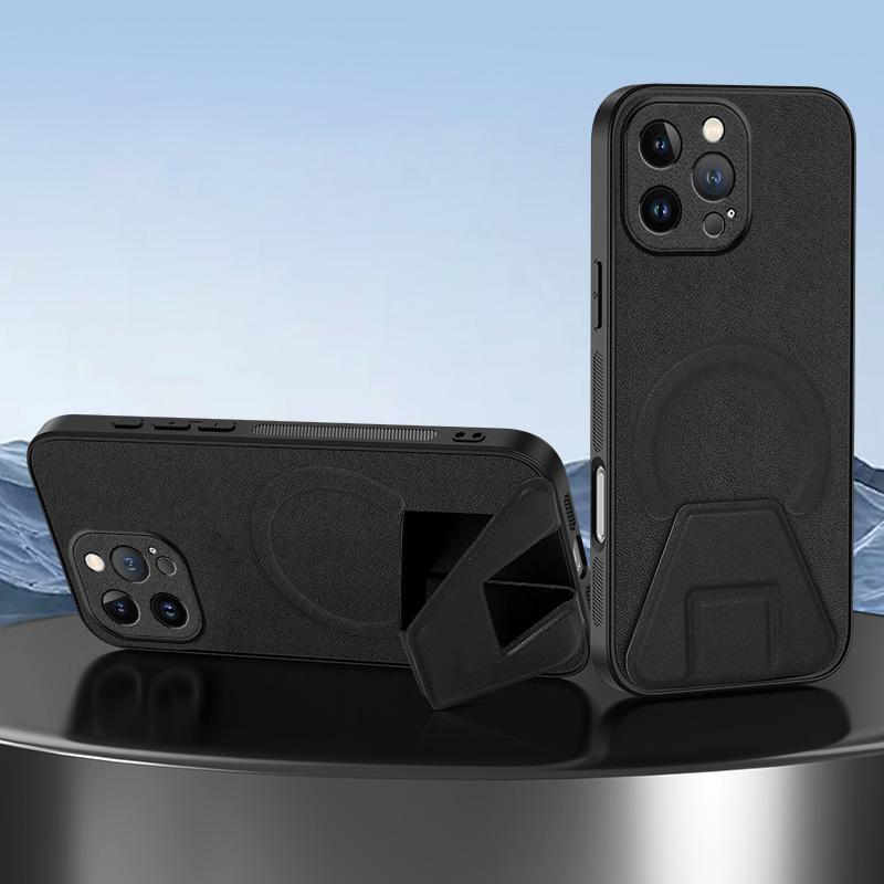 For iPhone 13 Pro Max Sheepskin Texture MagSafe Magnetic Invisible Holder Integrated Phone Case(Black) - Shopkiz.com