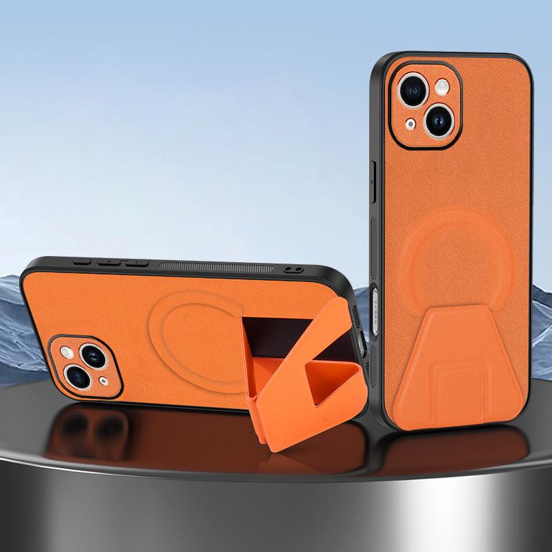 For iPhone 13 Sheepskin Texture MagSafe Magnetic Invisible Holder Integrated Phone Case(Orange) - Shopkiz.com