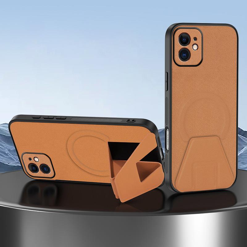 For iPhone 12 Sheepskin Texture MagSafe Magnetic Invisible Holder Integrated Phone Case(Brown) - Shopkiz.com