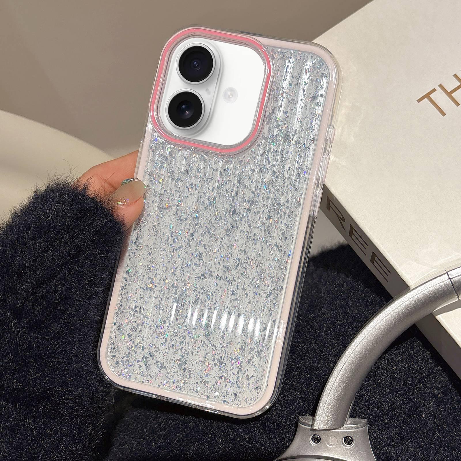 For iPhone 16 Plus Glitter Corrugated PC Hybrid TPU Phone Case(Pink) - Shopkiz.com