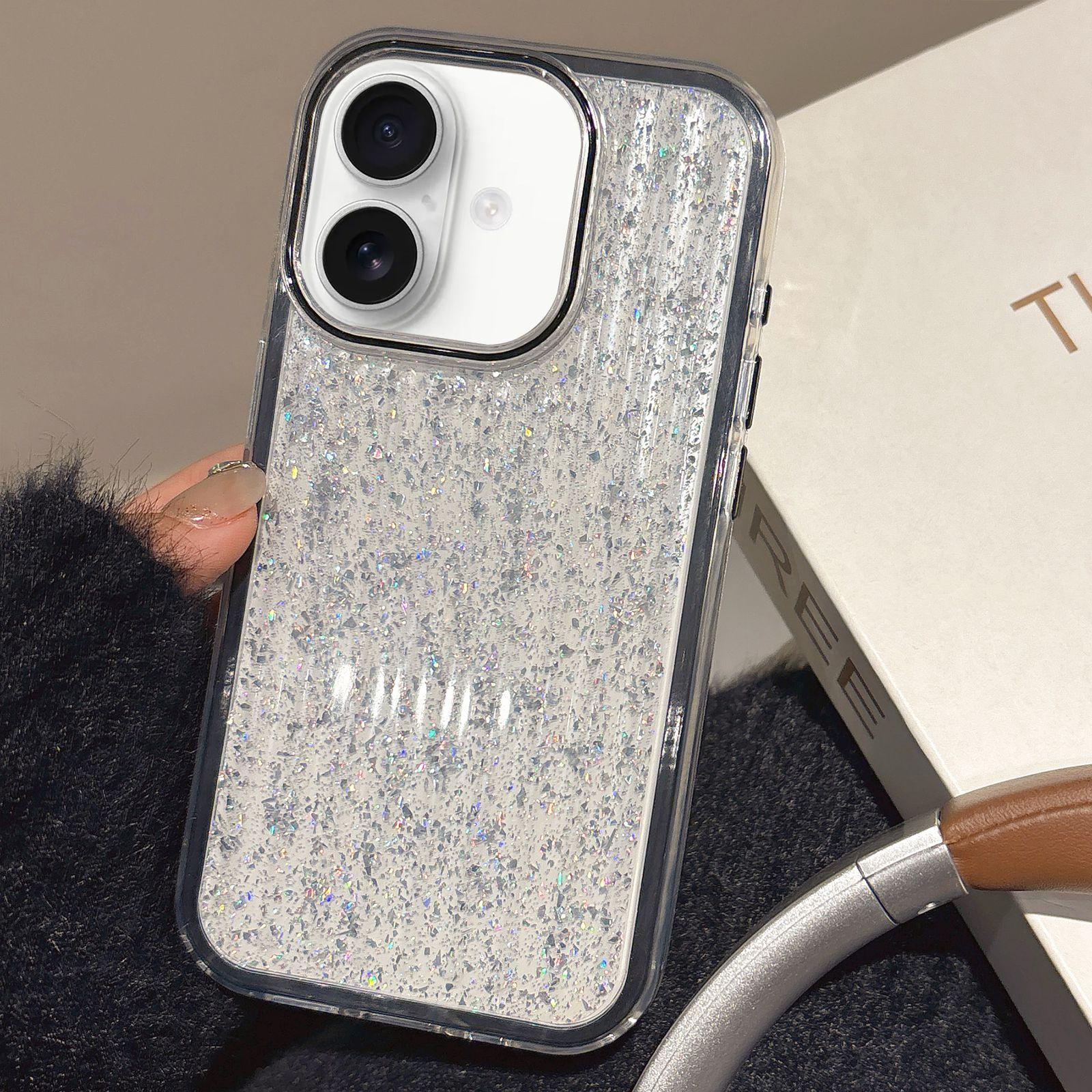 For iPhone 16 Glitter Corrugated PC Hybrid TPU Phone Case(Black) - Shopkiz.com