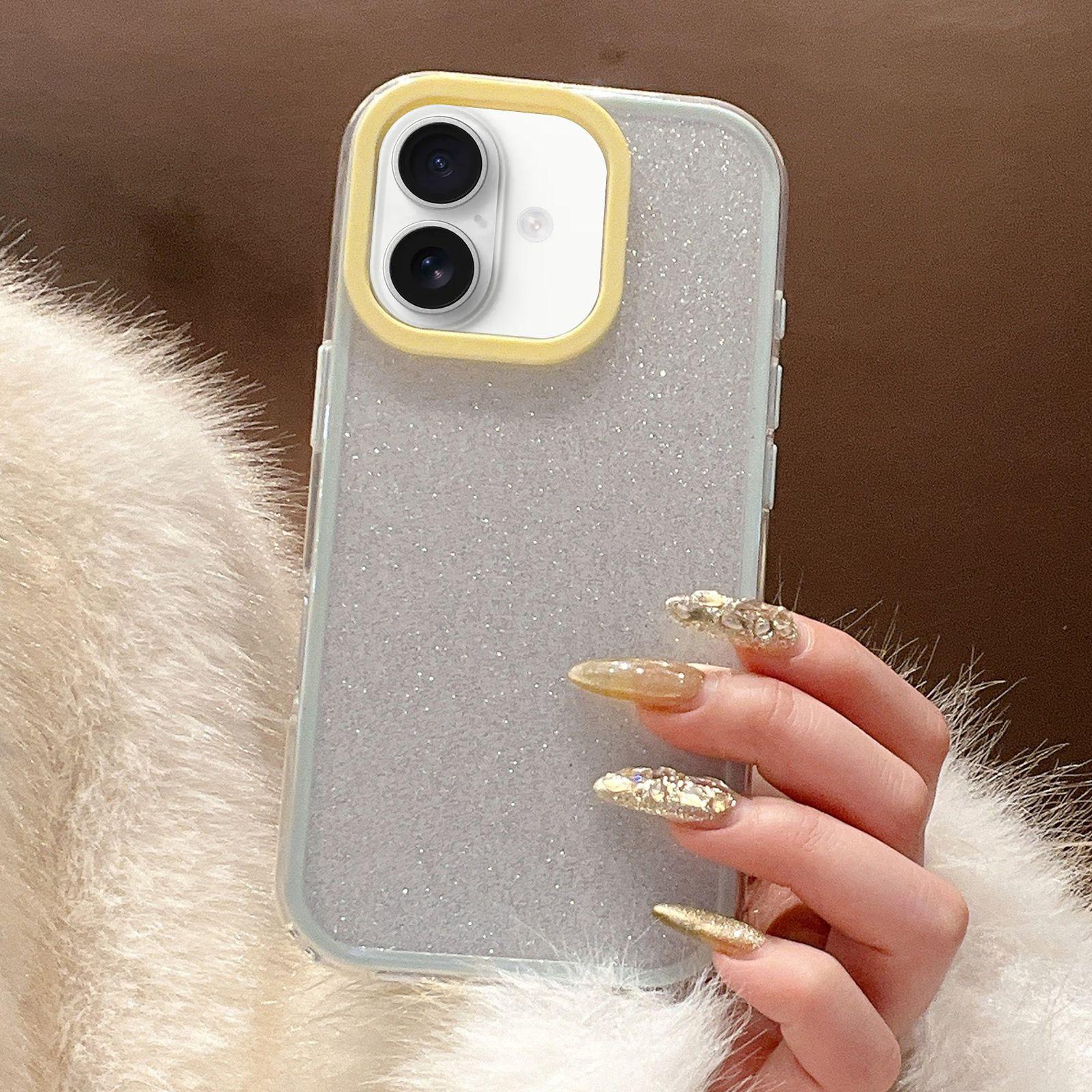 For iPhone 16 Plus Glitter Contrast Color PC Hybrid TPU Phone Case(White Yellow) - Shopkiz.com