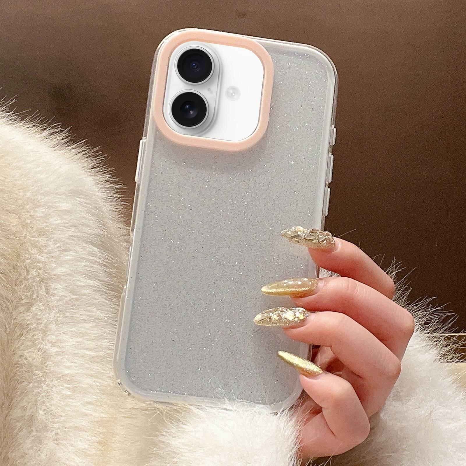 For iPhone 16 Plus Glitter Contrast Color PC Hybrid TPU Phone Case(White Pink) - Shopkiz.com