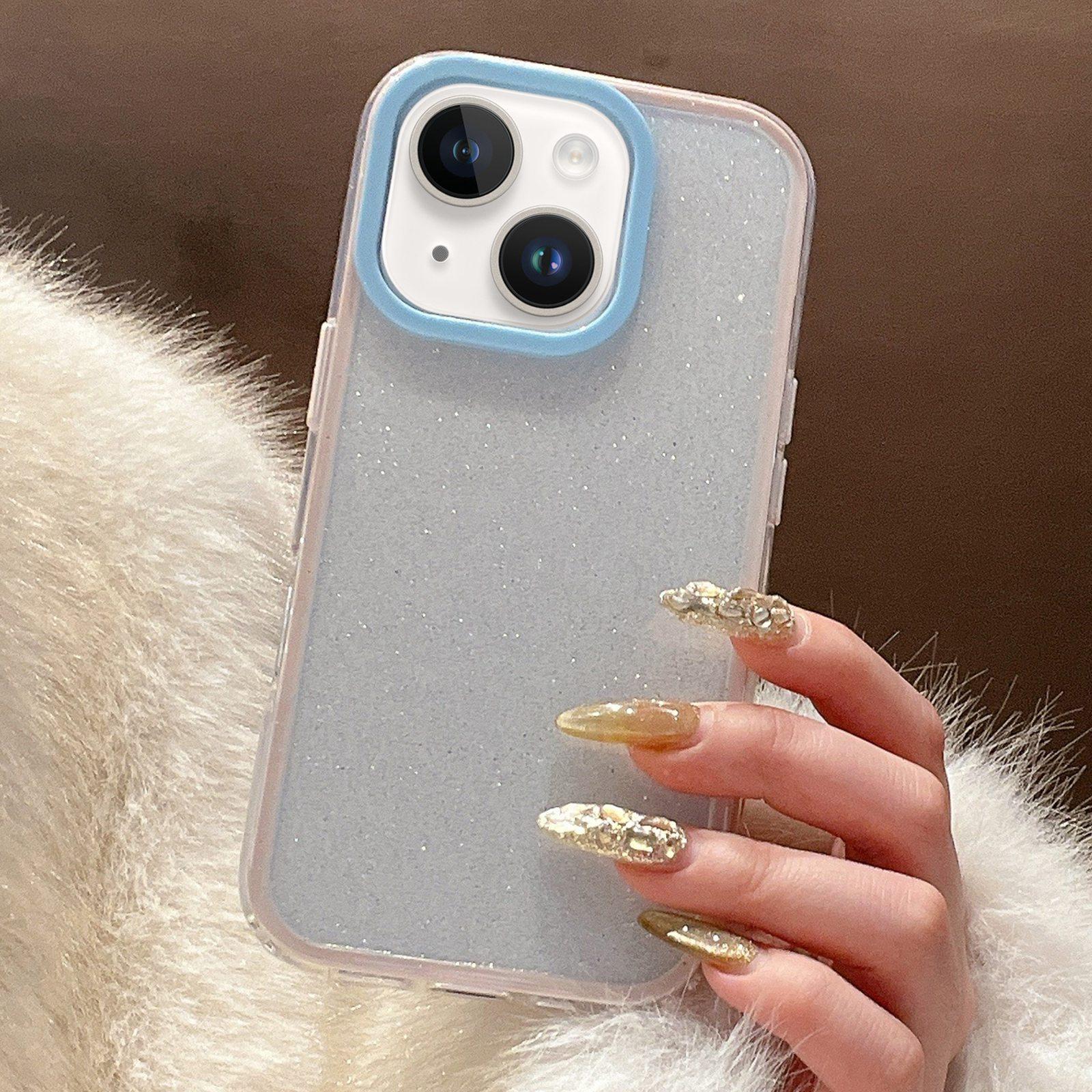 For iPhone 15 Plus Glitter Contrast Color PC Hybrid TPU Phone Case(Pink Blue) - Shopkiz.com