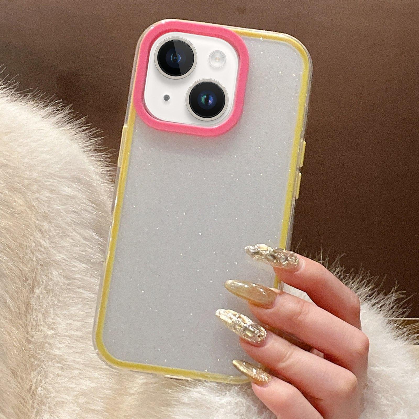 For iPhone 15 Plus Glitter Contrast Color PC Hybrid TPU Phone Case(Yellow Rose Red) - Shopkiz.com