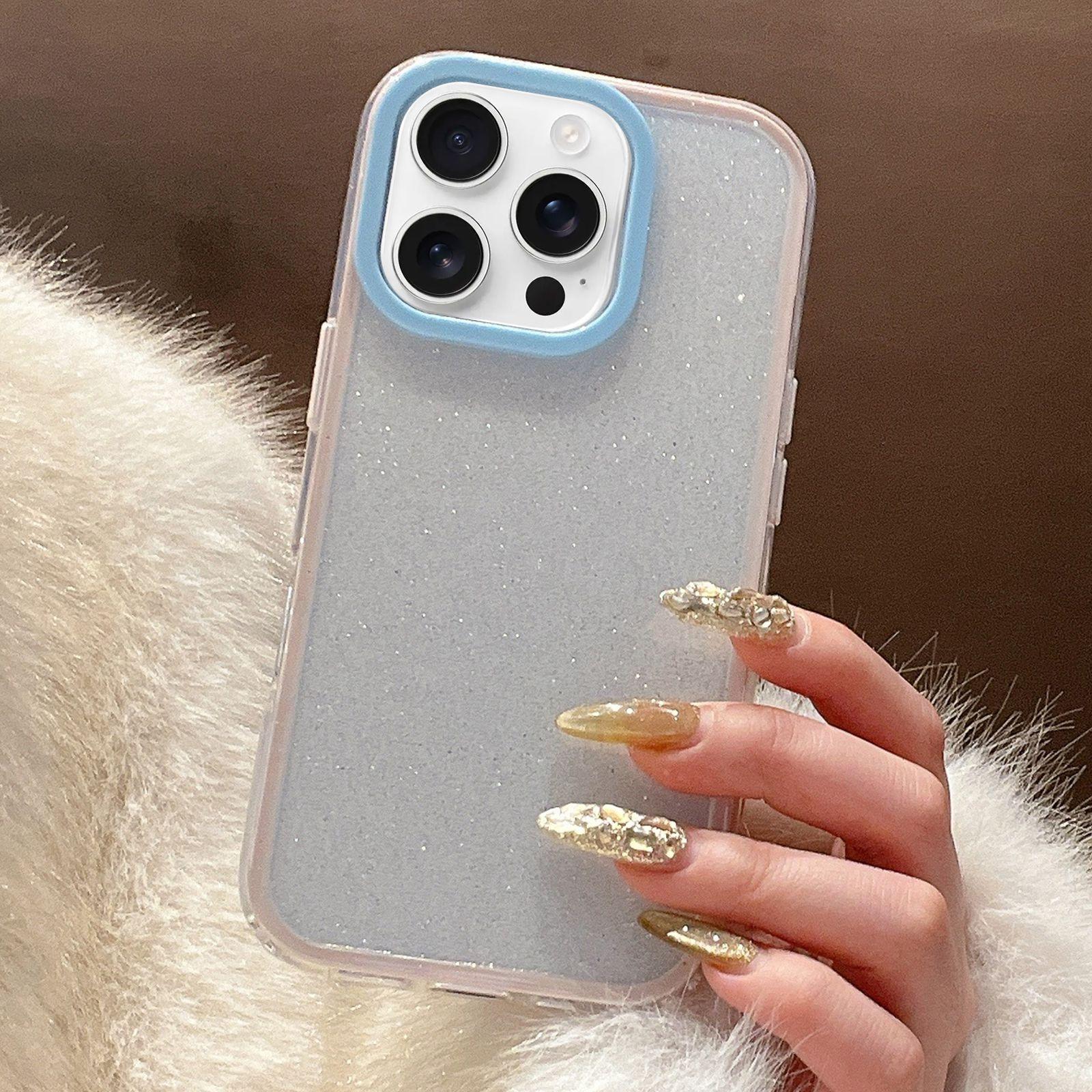 For iPhone 14 Pro Max Glitter Contrast Color PC Hybrid TPU Phone Case(Pink Blue) - Shopkiz.com
