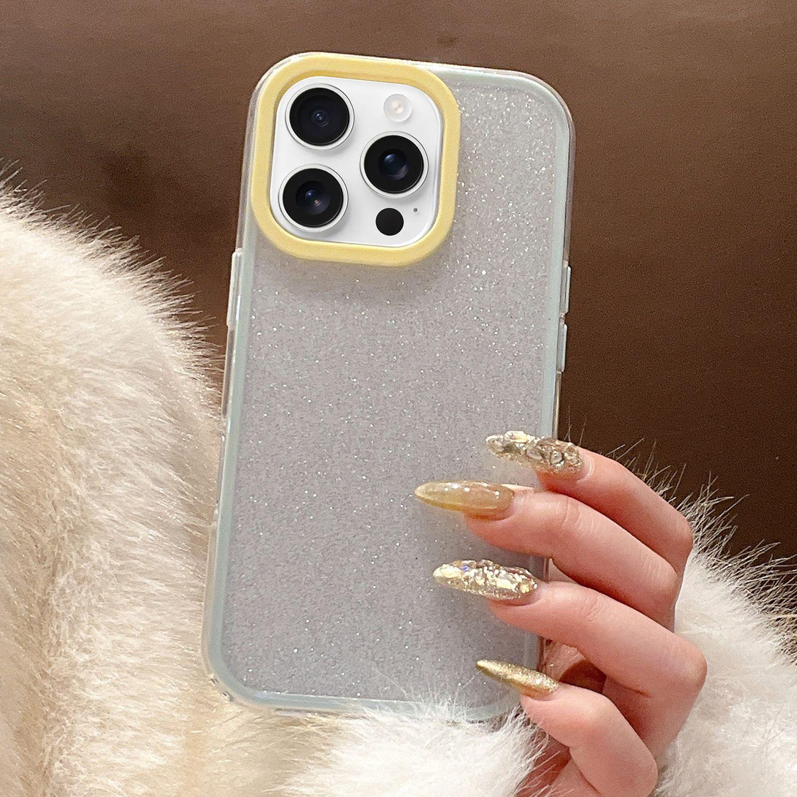 For iPhone 13 Pro Max Glitter Contrast Color PC Hybrid TPU Phone Case(White Yellow) - Shopkiz.com