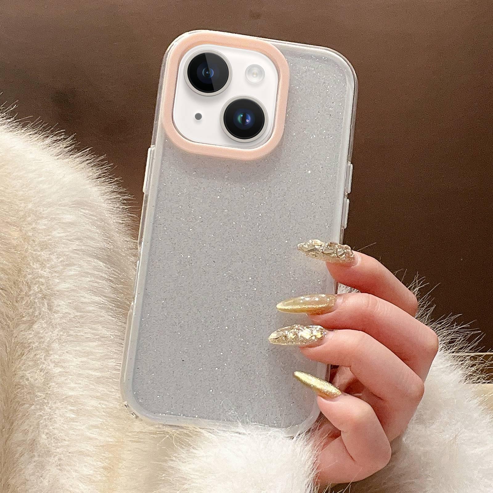 For iPhone 13 Glitter Contrast Color PC Hybrid TPU Phone Case(White Pink) - Shopkiz.com