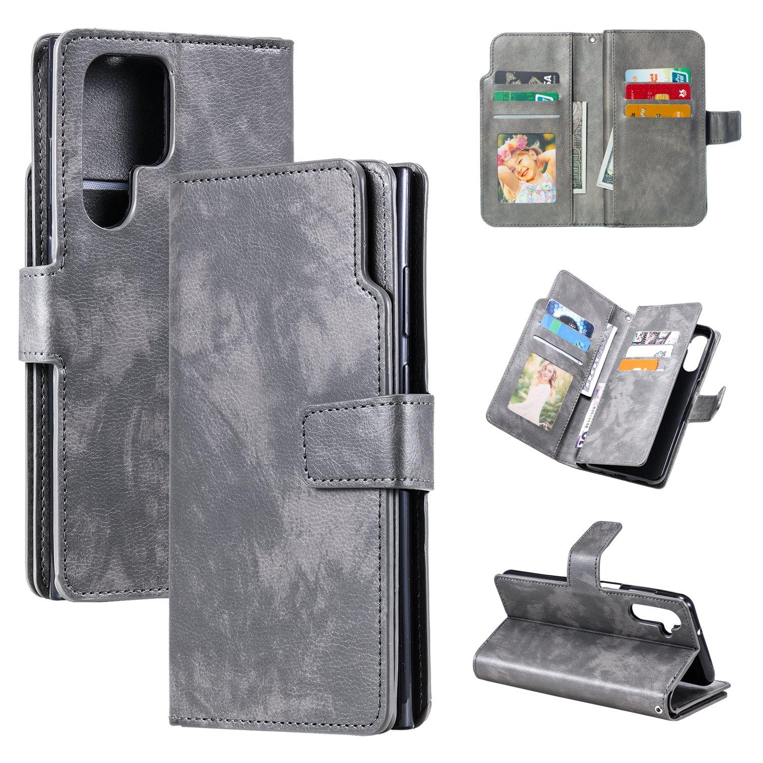 For Galaxy S26 Ultra 5G Tri-Fold 9-Card Wallets Leather Phone Case(Grey) - Shopkiz.com