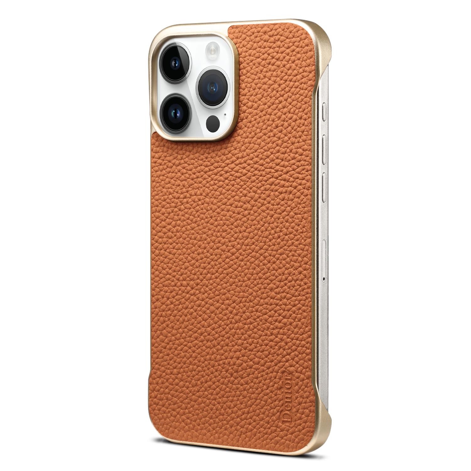 For iPhone 14 Pro Max Denior A20 Genuine Leather Litchi Texture MagSafe Frameless Phone Case(Brown) - Shopkiz.com