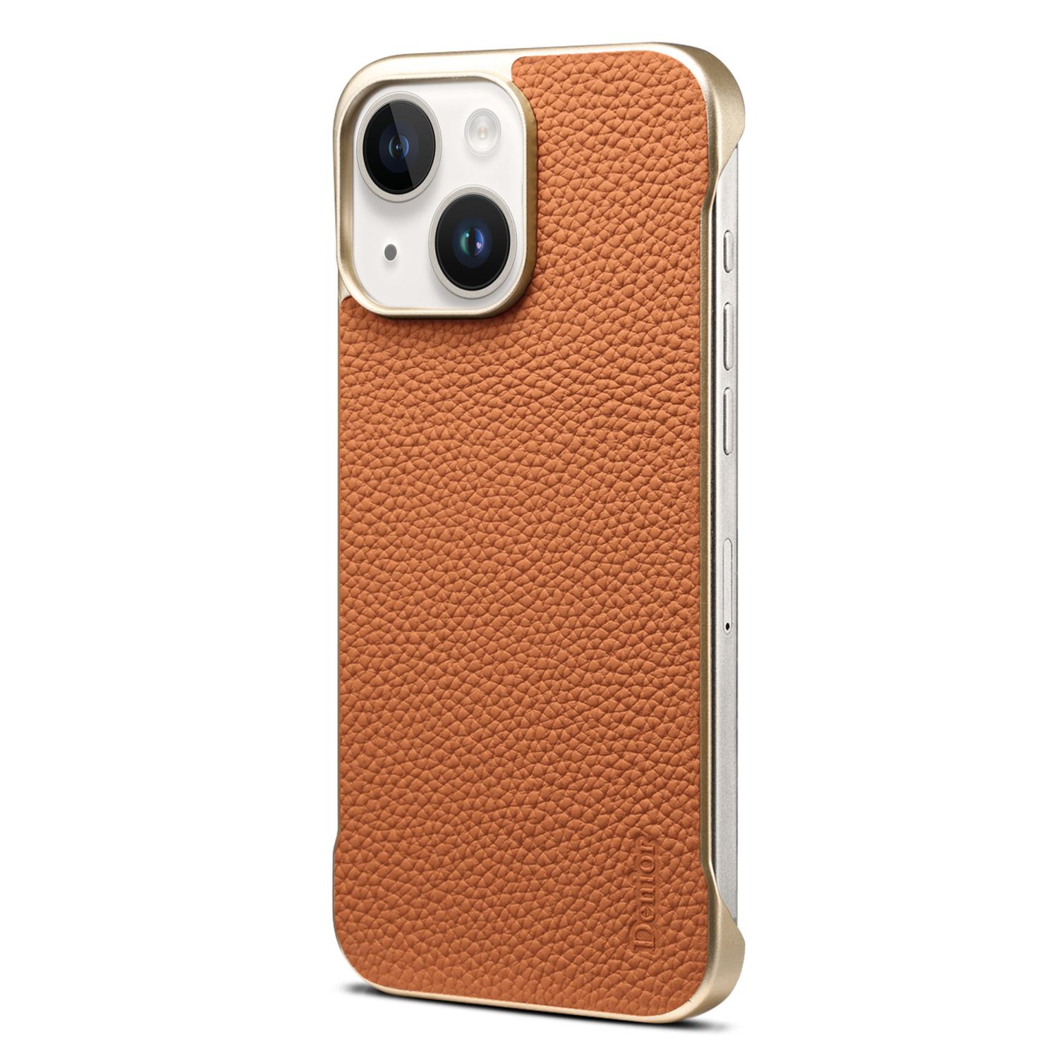 For iPhone 15 Plus / 14 Plus Denior A20 Genuine Leather Litchi Texture MagSafe Frameless Phone Case(Brown) - Shopkiz.com
