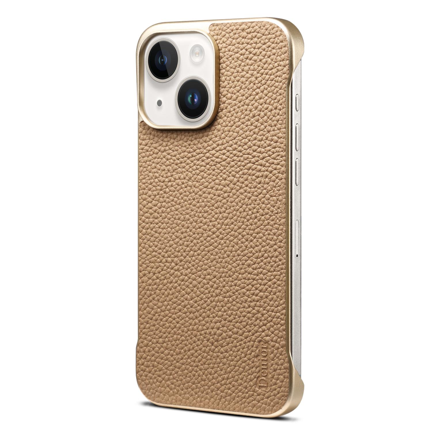 For iPhone 15 Plus / 14 Plus Denior A20 Genuine Leather Litchi Texture MagSafe Frameless Phone Case(Khaki) - Shopkiz.com