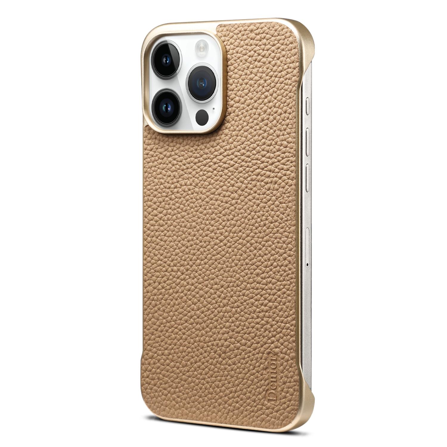 For iPhone 15 Pro Max Denior A20 Genuine Leather Litchi Texture MagSafe Frameless Phone Case(Khaki) - Shopkiz.com