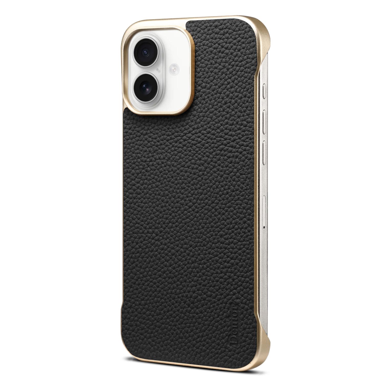 For iPhone 16 Plus Denior A20 Genuine Leather Litchi Texture MagSafe Frameless Phone Case(Black) - Shopkiz.com