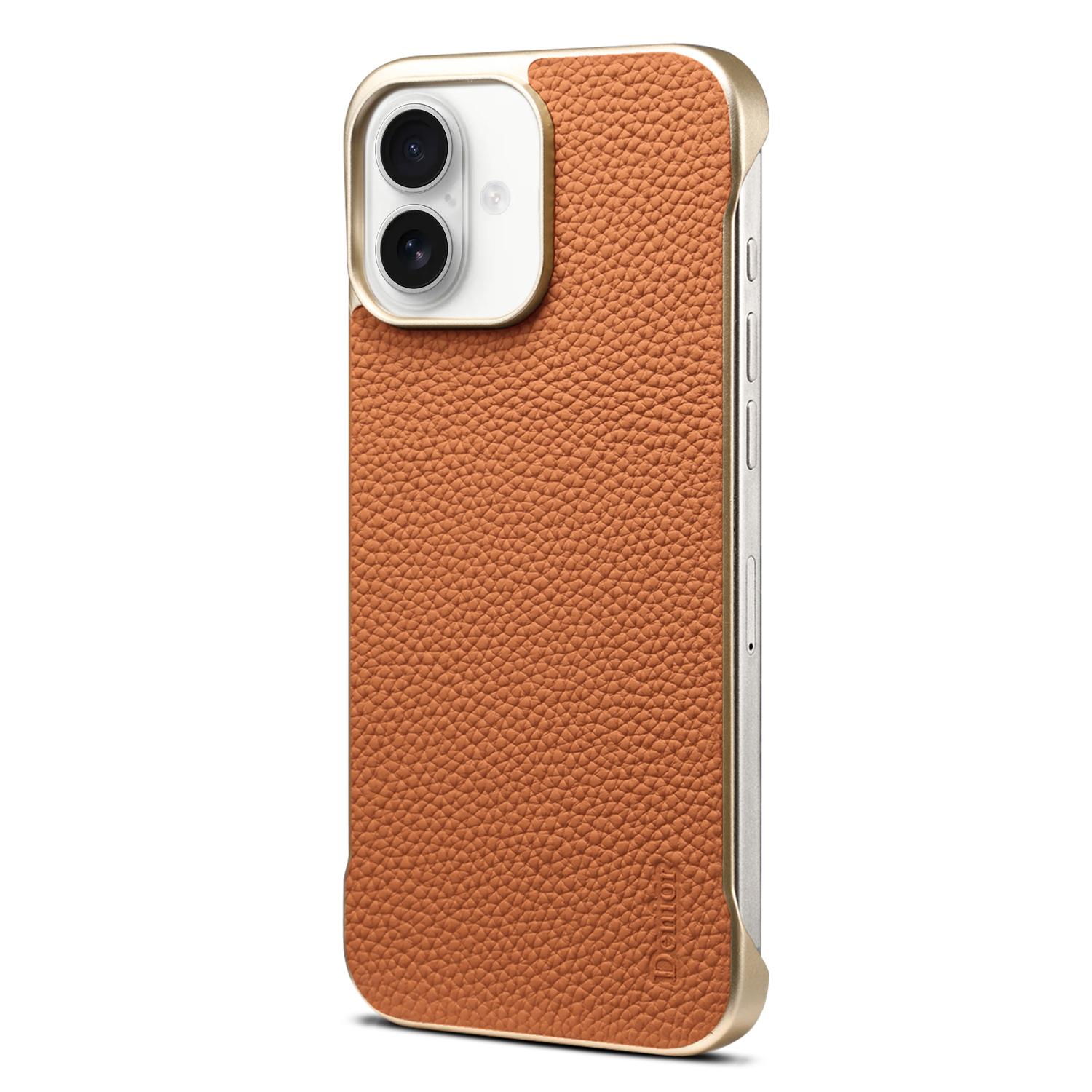 For iPhone 16 Plus Denior A20 Genuine Leather Litchi Texture MagSafe Frameless Phone Case(Brown) - Shopkiz.com
