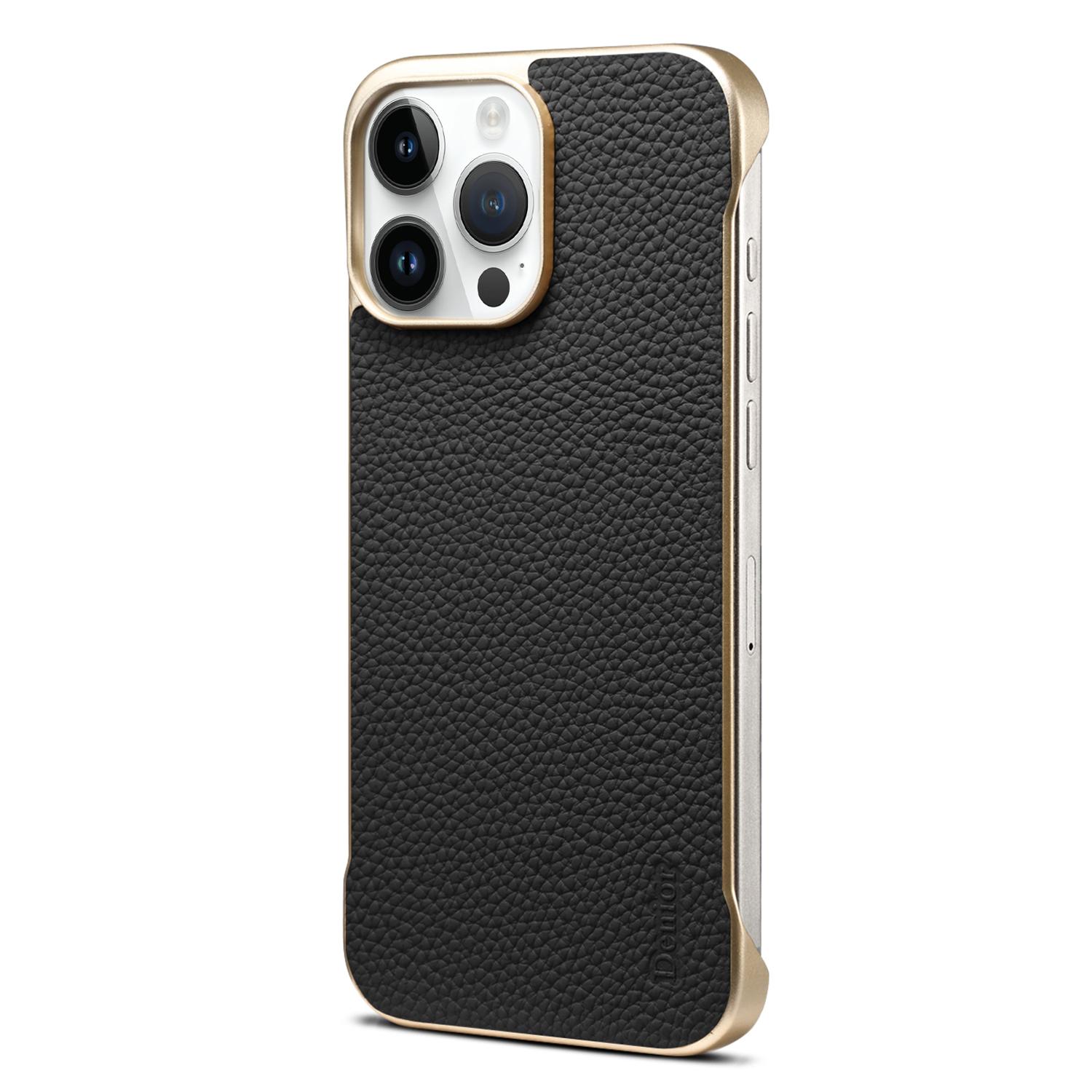 For iPhone 16 Pro Max Denior A20 Genuine Leather Litchi Texture MagSafe Frameless Phone Case(Black) - Shopkiz.com