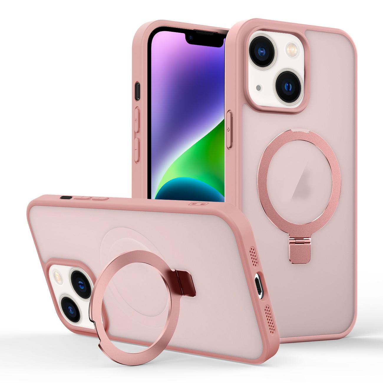 For iPhone 14 Plus Skin-feel Ring MagSafe Holder Phone Case(Pink) - Shopkiz.com