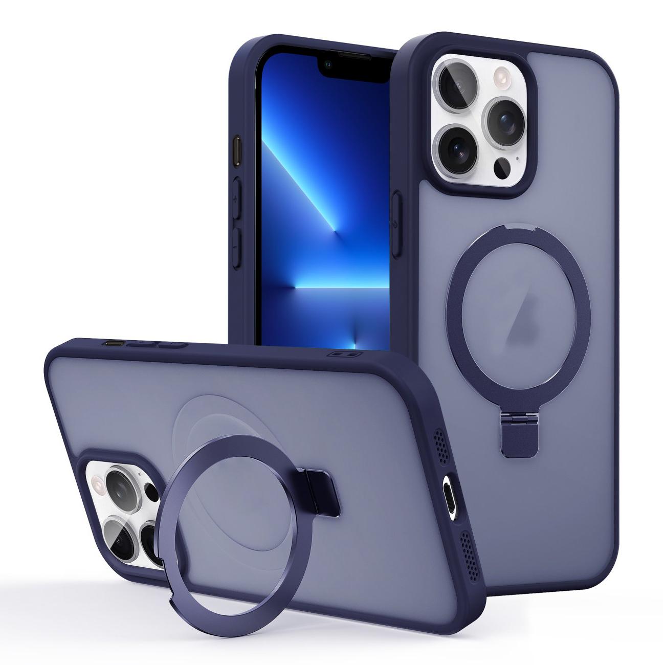 For iPhone 13 Pro Skin-feel Ring MagSafe Holder Phone Case(Dark Blue) - Shopkiz.com