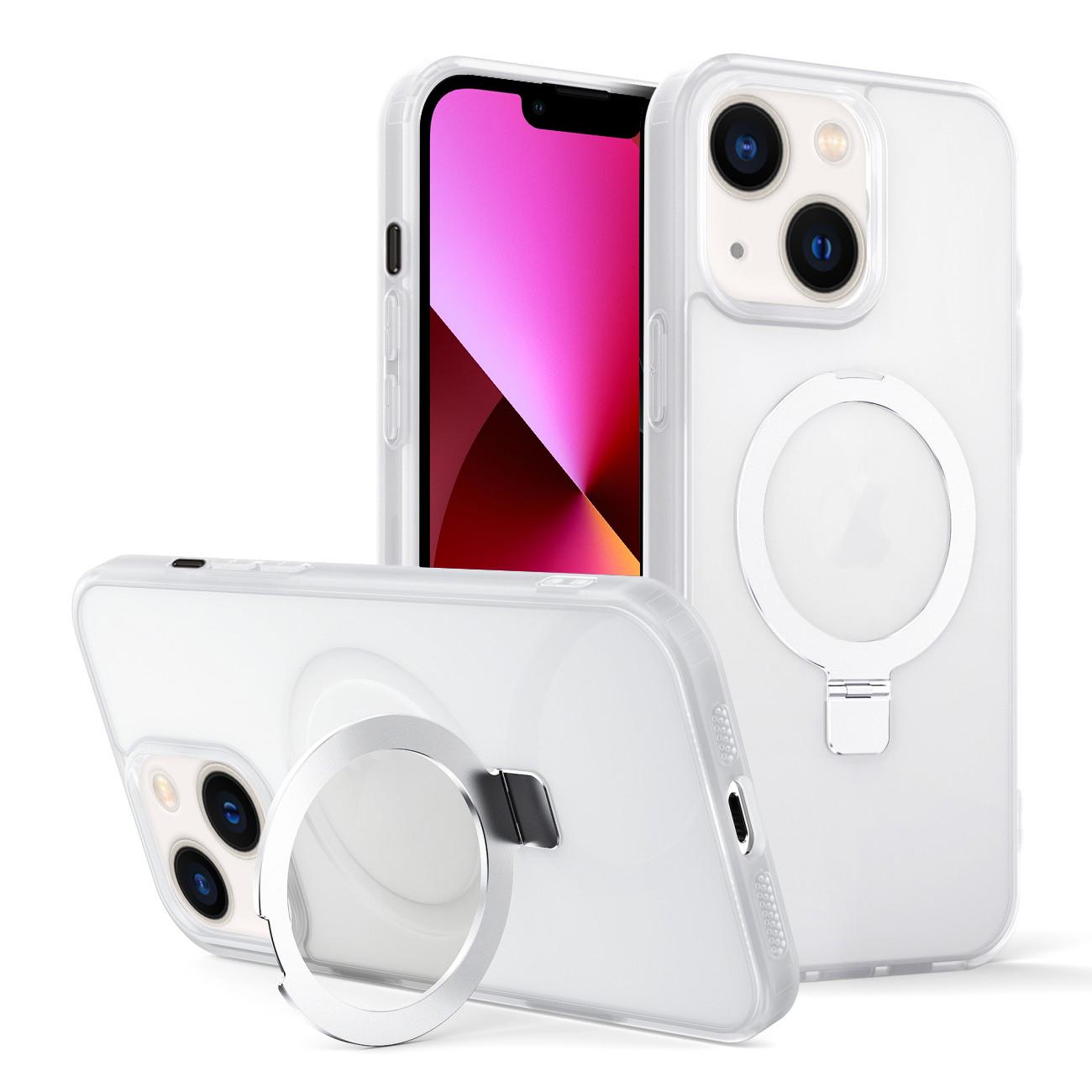 For iPhone 13 Skin-feel Ring MagSafe Holder Phone Case(Transparent White) - Shopkiz.com