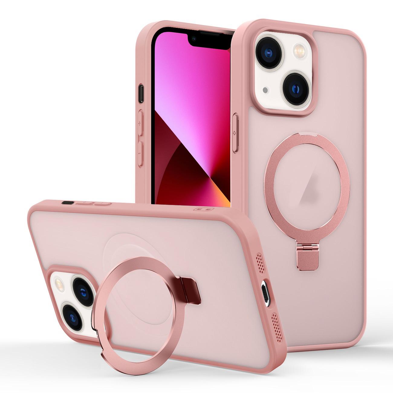 For iPhone 13 Skin-feel Ring MagSafe Holder Phone Case(Pink) - Shopkiz.com