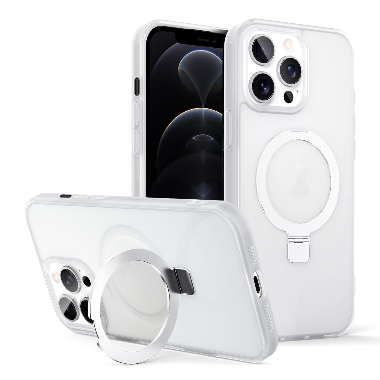 For iPhone 12 Pro Skin-feel Ring MagSafe Holder Phone Case(Transparent White) - Shopkiz.com