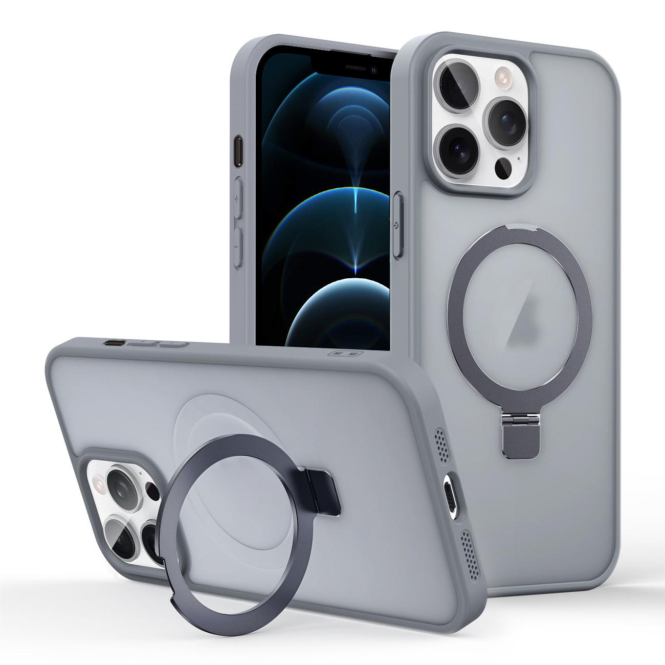 For iPhone 12 Pro Max Skin-feel Ring MagSafe Holder Phone Case(Titanium Gray) - Shopkiz.com