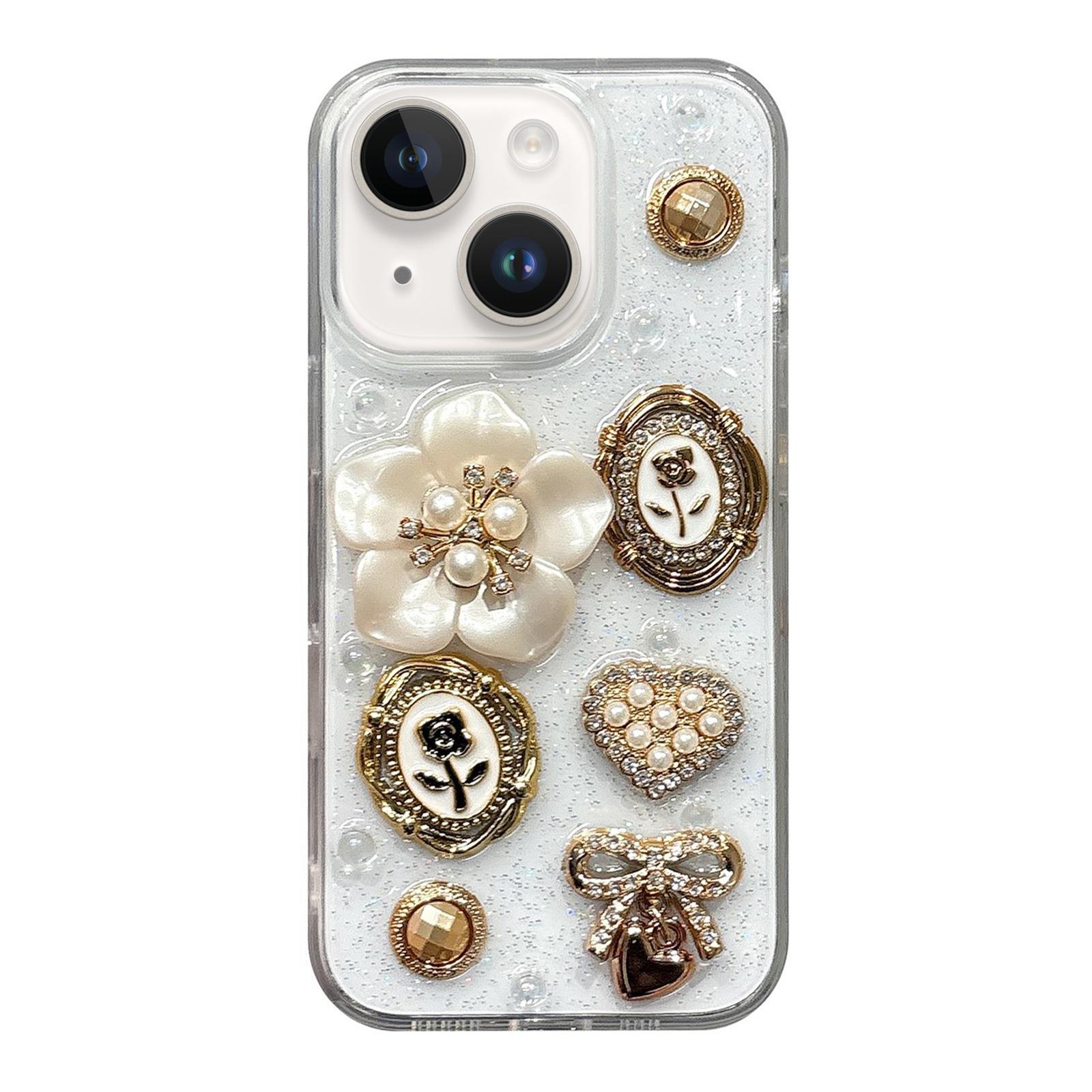 For iPhone 13 Epoxy Acrylic Hybrid TPU Phone Case(3D Pearl Flowers) - Shopkiz.com