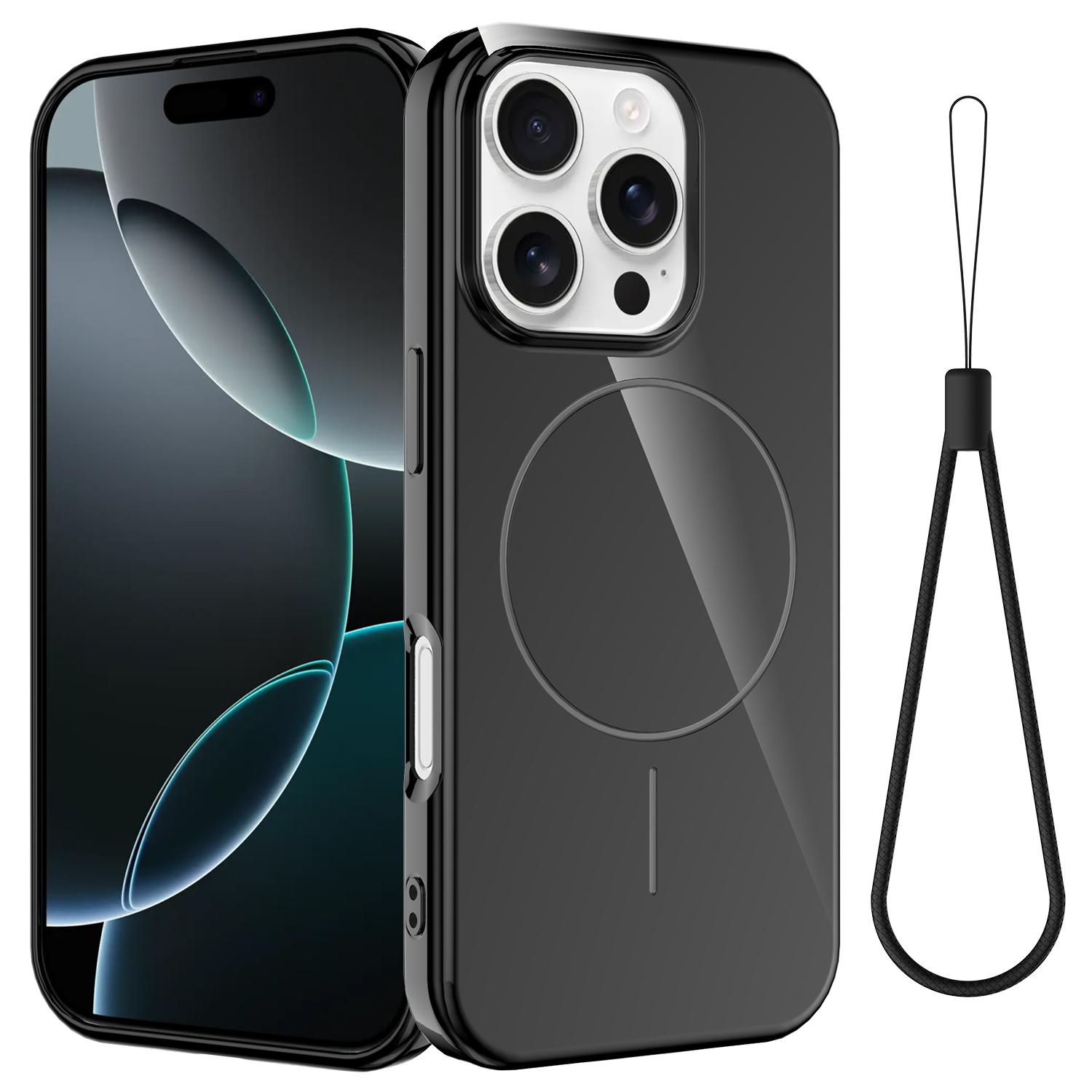 For iPhone 16 Pro Max Glossy TPU Shockproof MagSafe Phone Case with Lanyard(Black) - Shopkiz.com