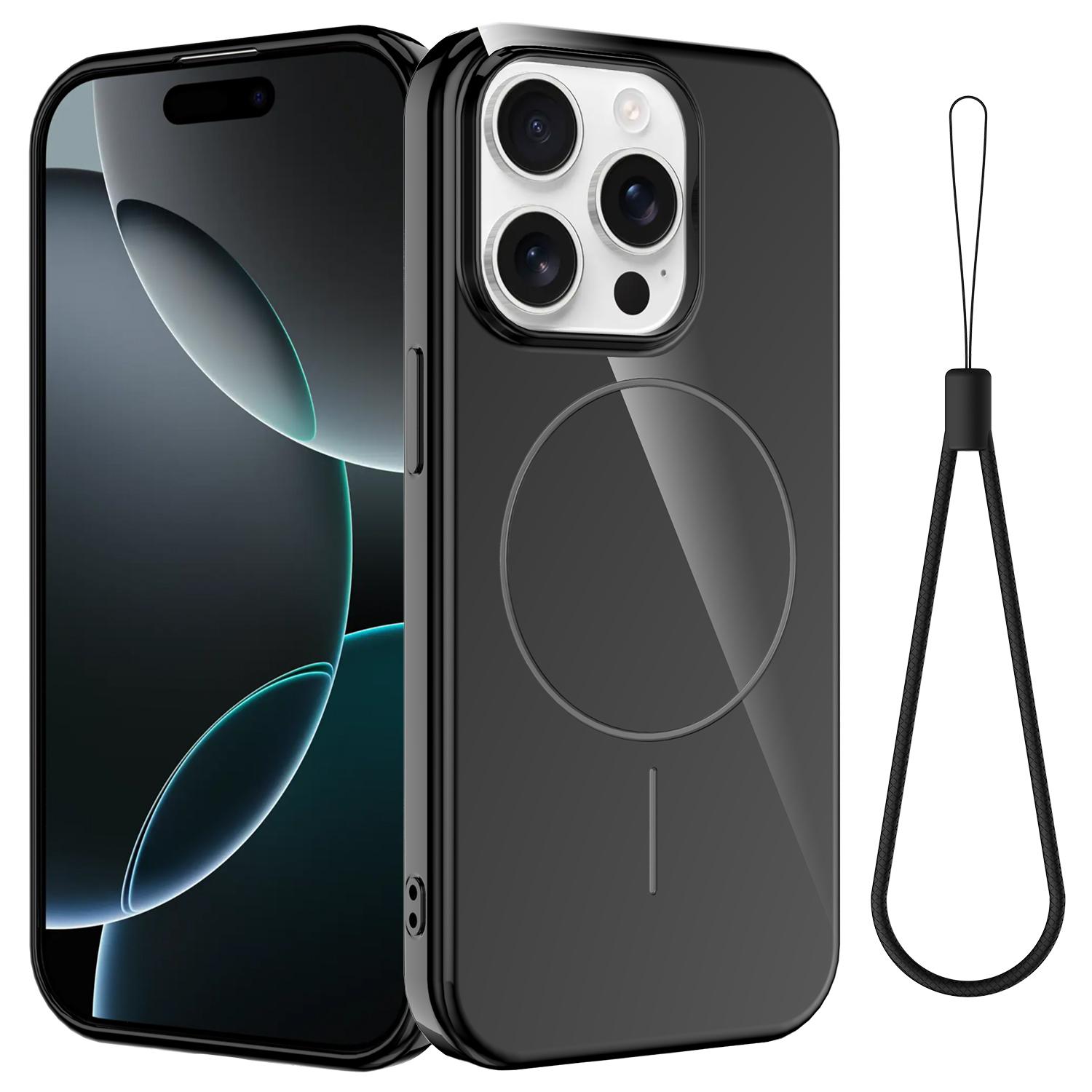 For iPhone 15 Pro Max Glossy TPU Shockproof MagSafe Phone Case with Lanyard(Black) - Shopkiz.com