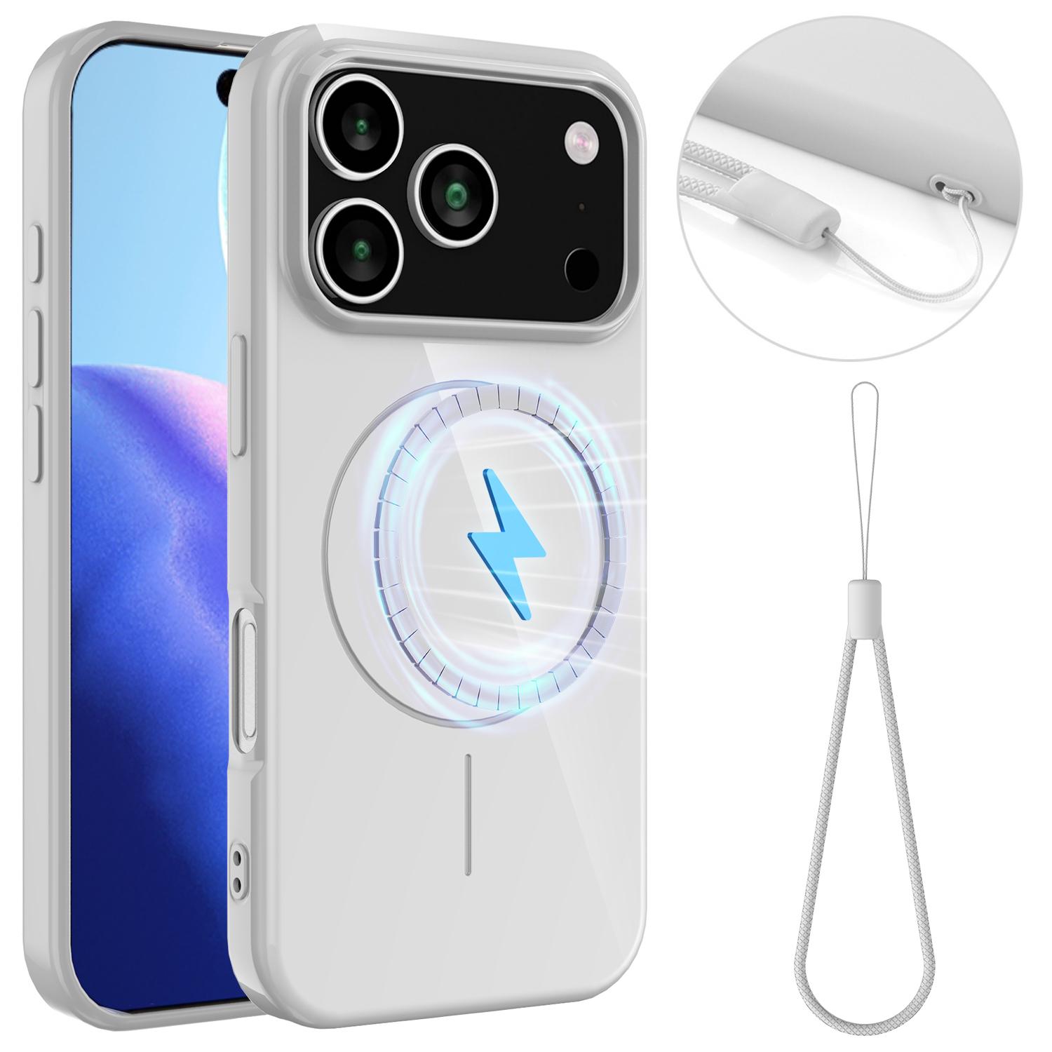 For iPhone 18 Pro / 17 Pro Glossy TPU Shockproof MagSafe Phone Case with Lanyard(White)