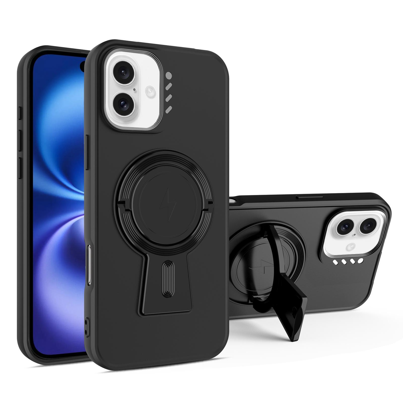 For iPhone 16 Plus Y-shape Holder MagSafe Rugged Shockproof Phone Case(Black) - Shopkiz.com