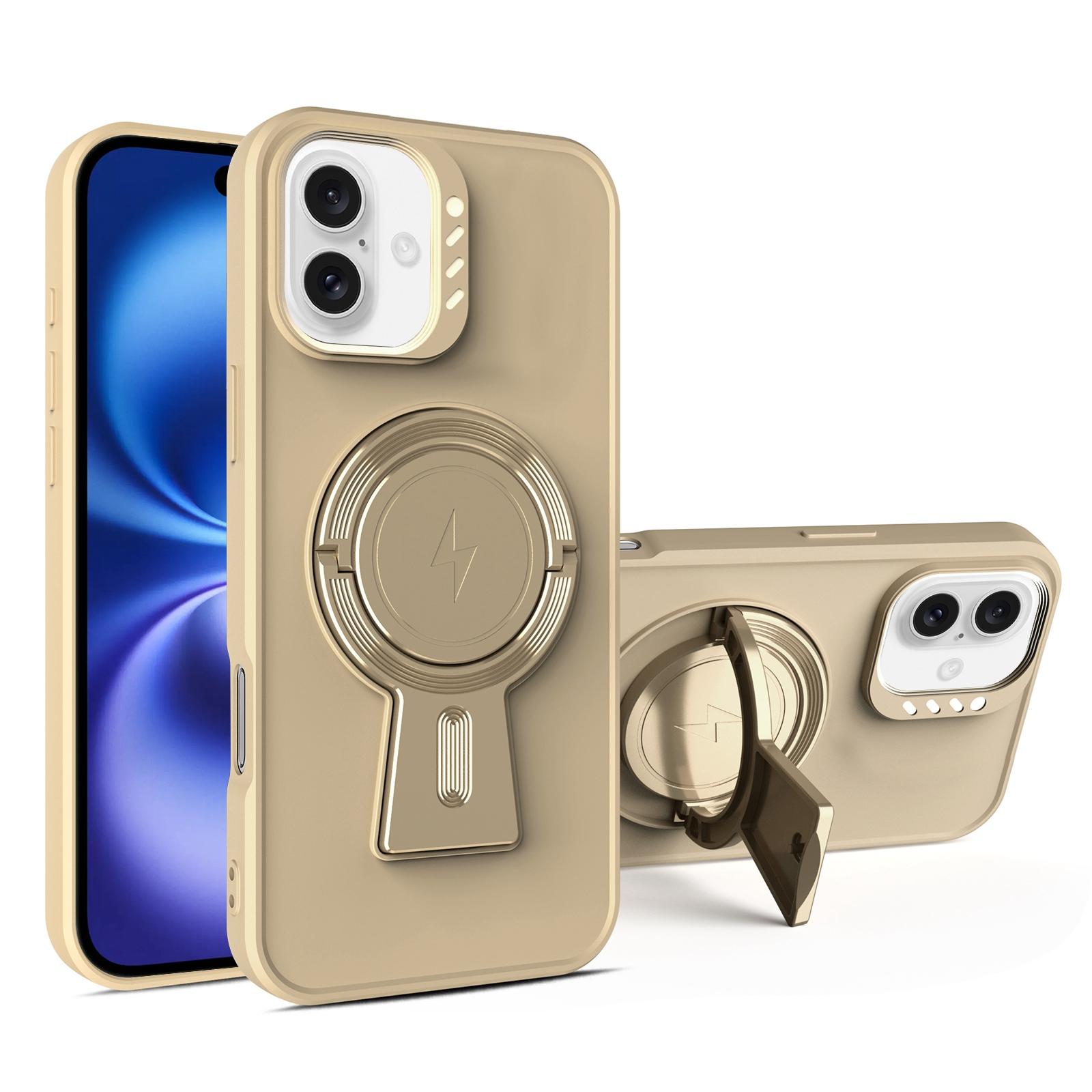 For iPhone 16 Y-shape Holder MagSafe Rugged Shockproof Phone Case(Desert Gold) - Shopkiz.com