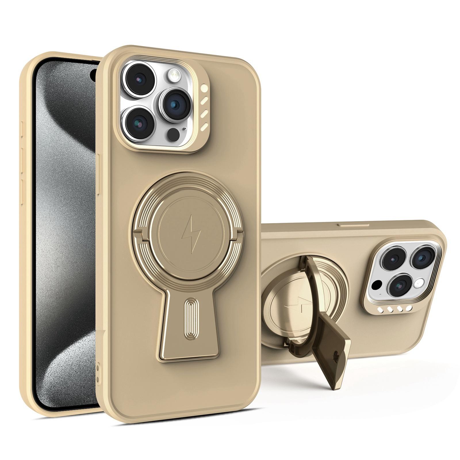 For iPhone 15 Pro Y-shape Holder MagSafe Rugged Shockproof Phone Case(Desert Gold) - Shopkiz.com