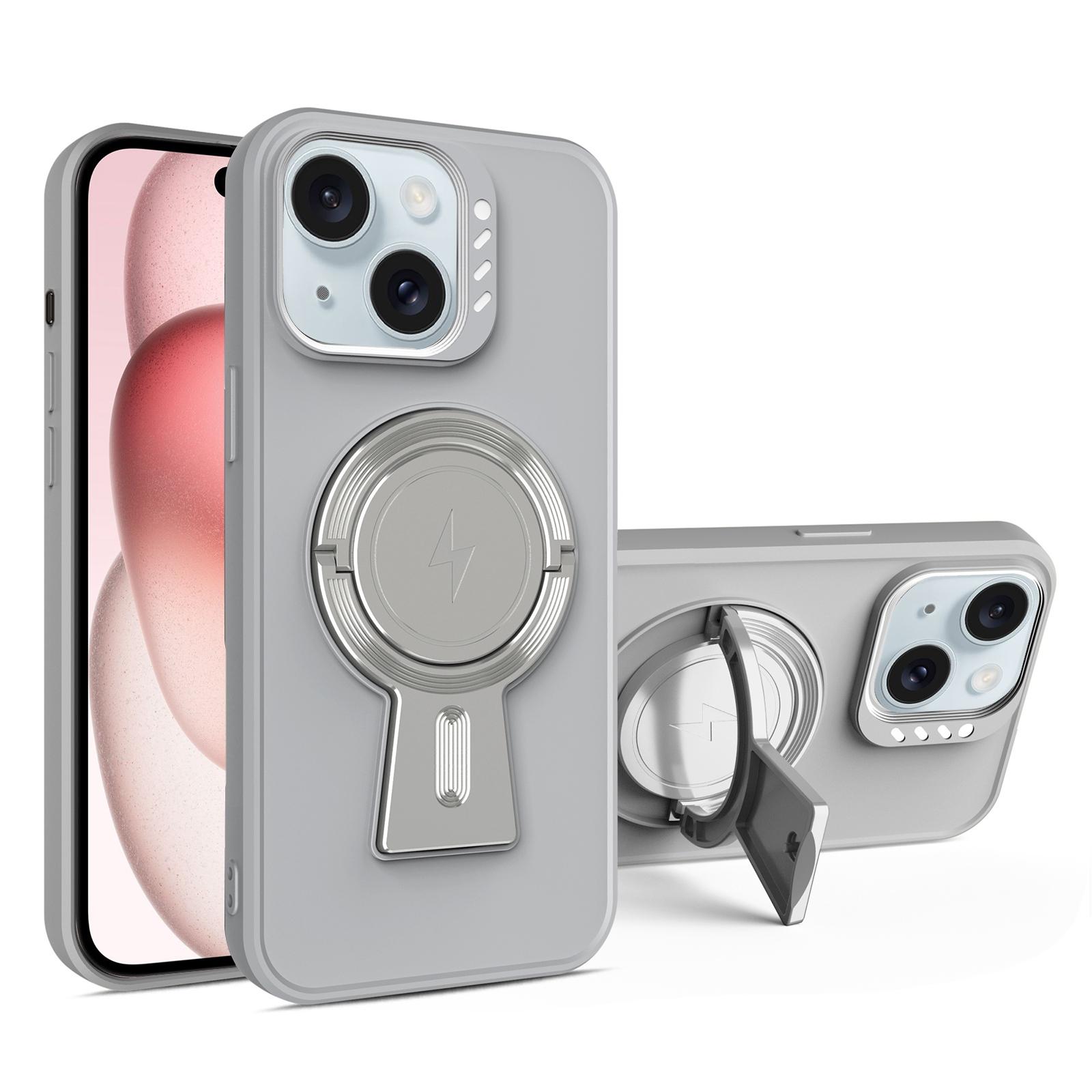 For iPhone 15 Y-shape Holder MagSafe Rugged Shockproof Phone Case(Grey) - Shopkiz.com